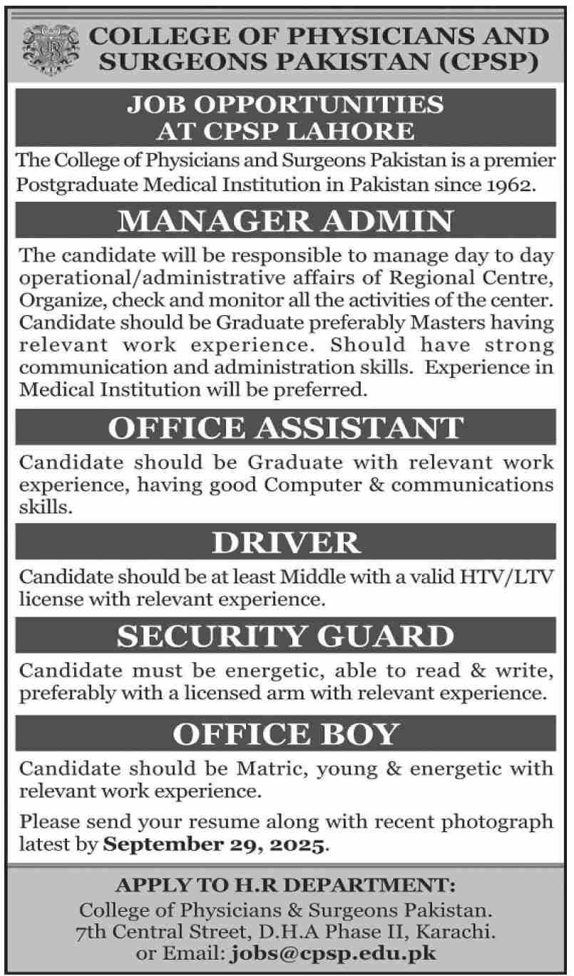 College Of Physicians And Surgeons Jobs 2025 – College of Physicians and Surgeons Pakistan Jobs 2025 — original advertisement