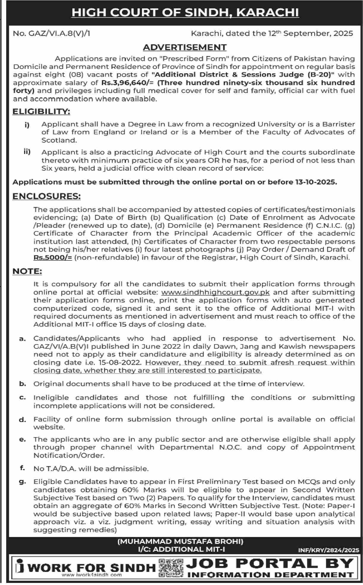 High Court Of Sindh Jobs 2025 – Sindh High Court Jobs 2025 — original advertisement