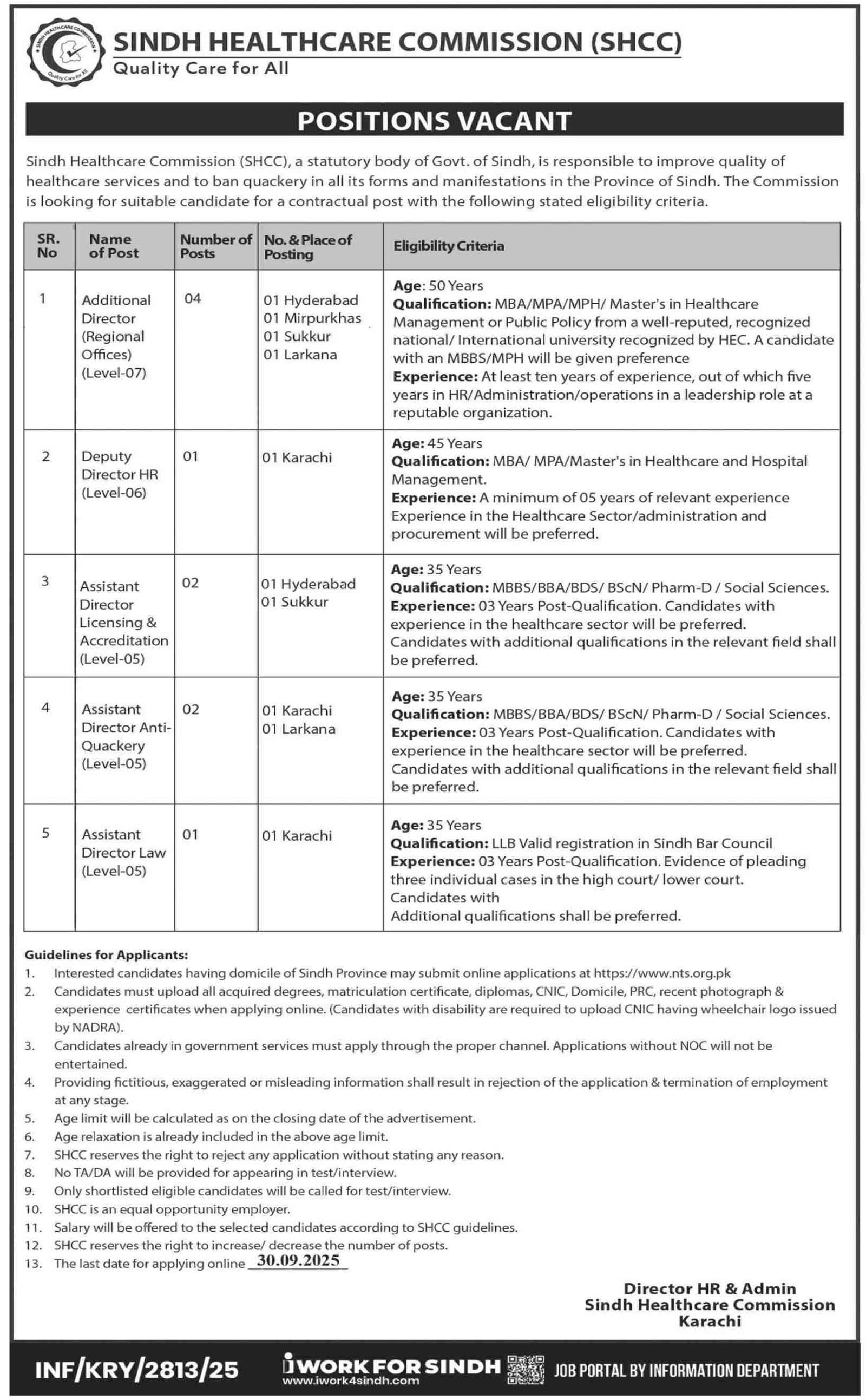 Sindh Healthcare Commission SHCC Jobs 2025 – Sindh Health Care Commission at Karachi Jobs 2025 — original advertisement