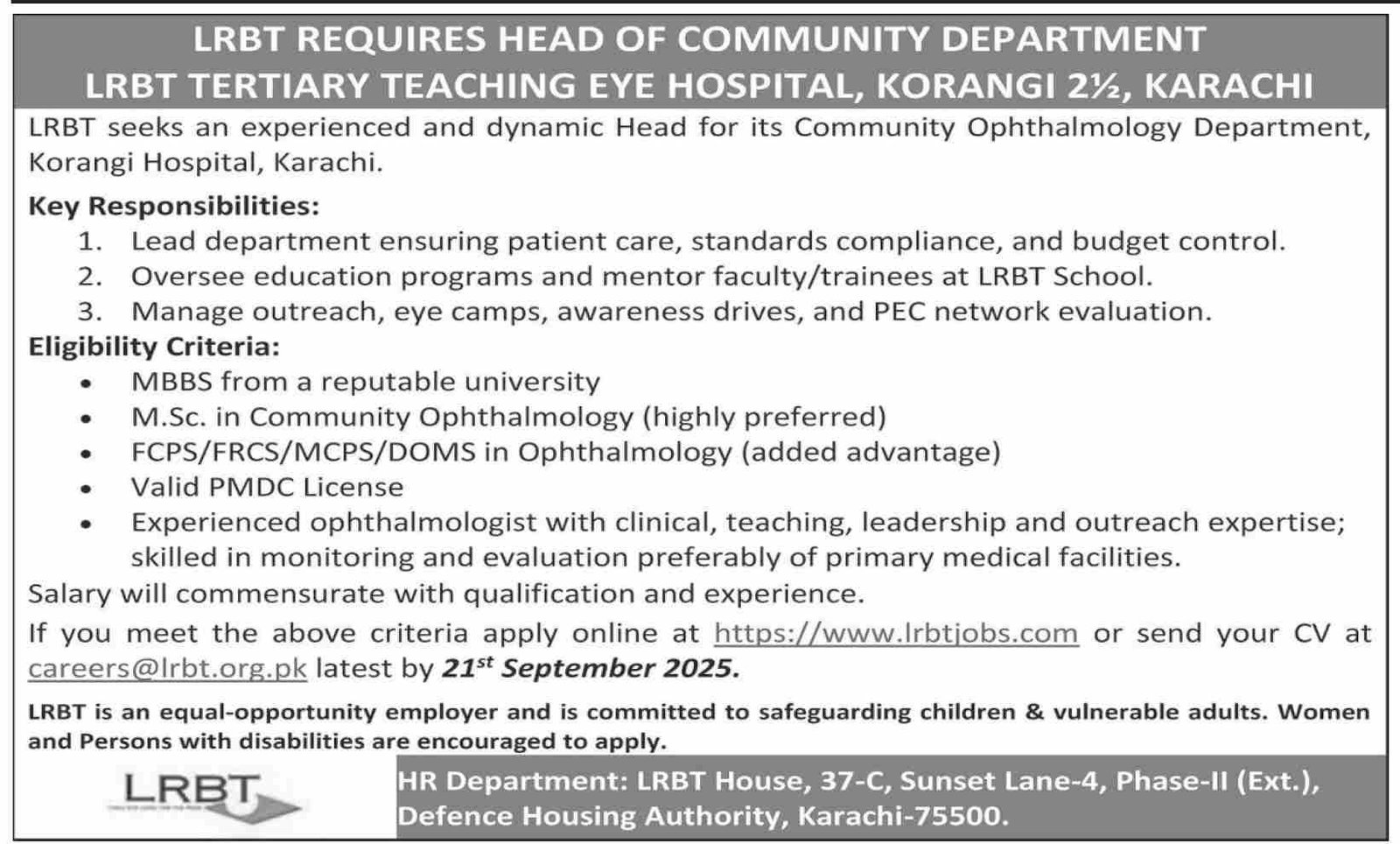 LRBT Tertiary Teaching Eye Hospital  Jobs 2025 – LRBT Tertiary Eye Teaching  Hospital Jobs 2025 — original advertisement