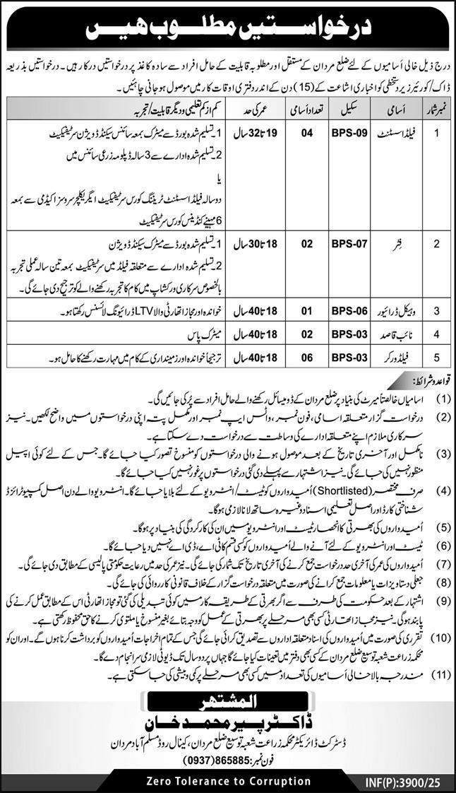 Agriculture Department mardan Jobs 2025 – Agriculture Department KPK Jobs 2025 — original advertisement