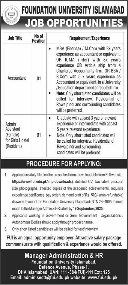 Foundation University Islamabad Jobs 2025 Jobs 2025 — original advertisement