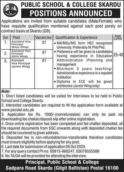 Public School And College Skardu Jobs 2025 – Divisional Public School and College Jobs 2025 — original advertisement