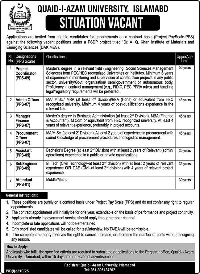 Quaid Azam University of Islamabad Jobs 2025 – Quaid-i-Azam University, Islamabad , Pakistan Jobs 2025 — original advertisement