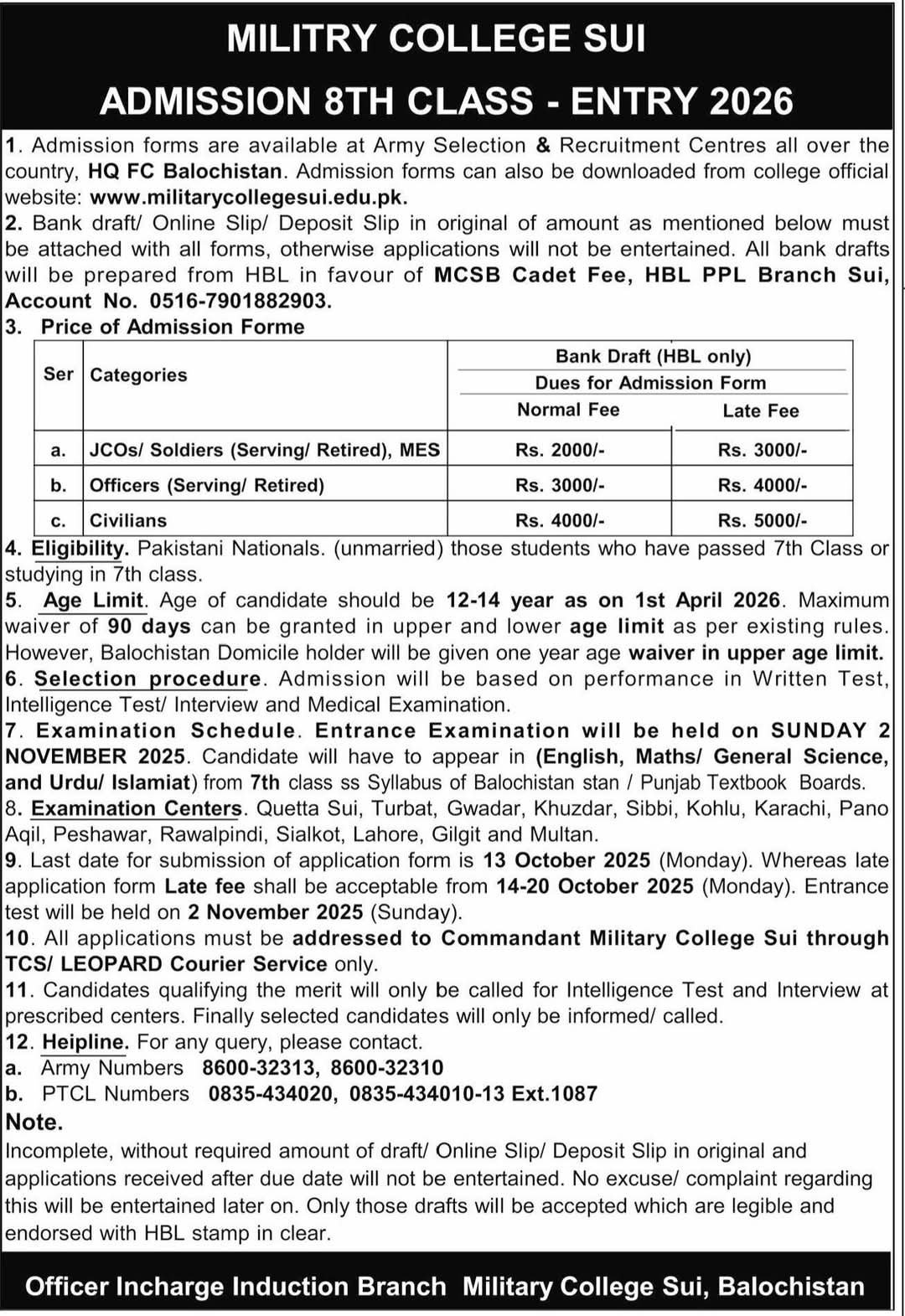 Admission Open in Military College Sui Balochistan 2025 Admissions 2025 — original advertisement