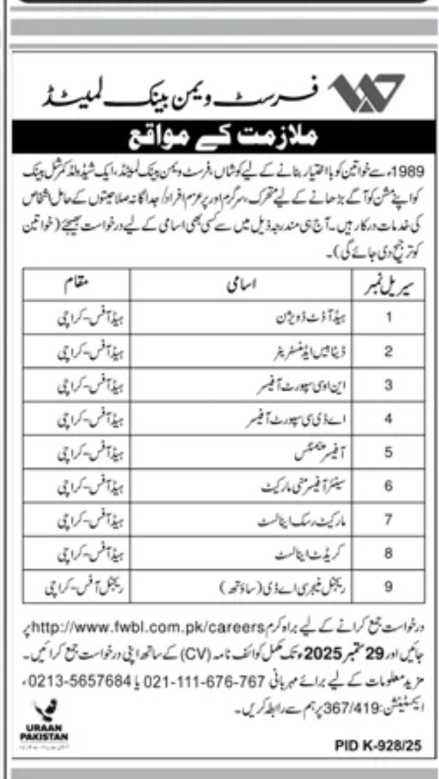 First Women Bank Limited Islamabad Jobs 2025 – First Women Bank LTD Jobs 2025 — original advertisement