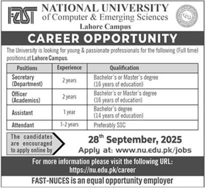 National University Of Computer Lahore Jobs 2025 – FAST - National University of Computer & Emerging Sciences Jobs 2025 — original advertisement