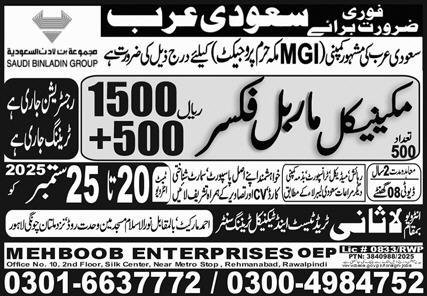 Mechanical Marble Fixer Jobs In Saudi Arabia – Lasani Trade Test & Technical Training Center Jobs 2025 — original advertisement