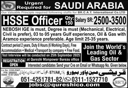 HSSE Officer Jobs In Saudi Arabia 2025 – Qureshi Manpower Bureau Jobs 2025 — original advertisement