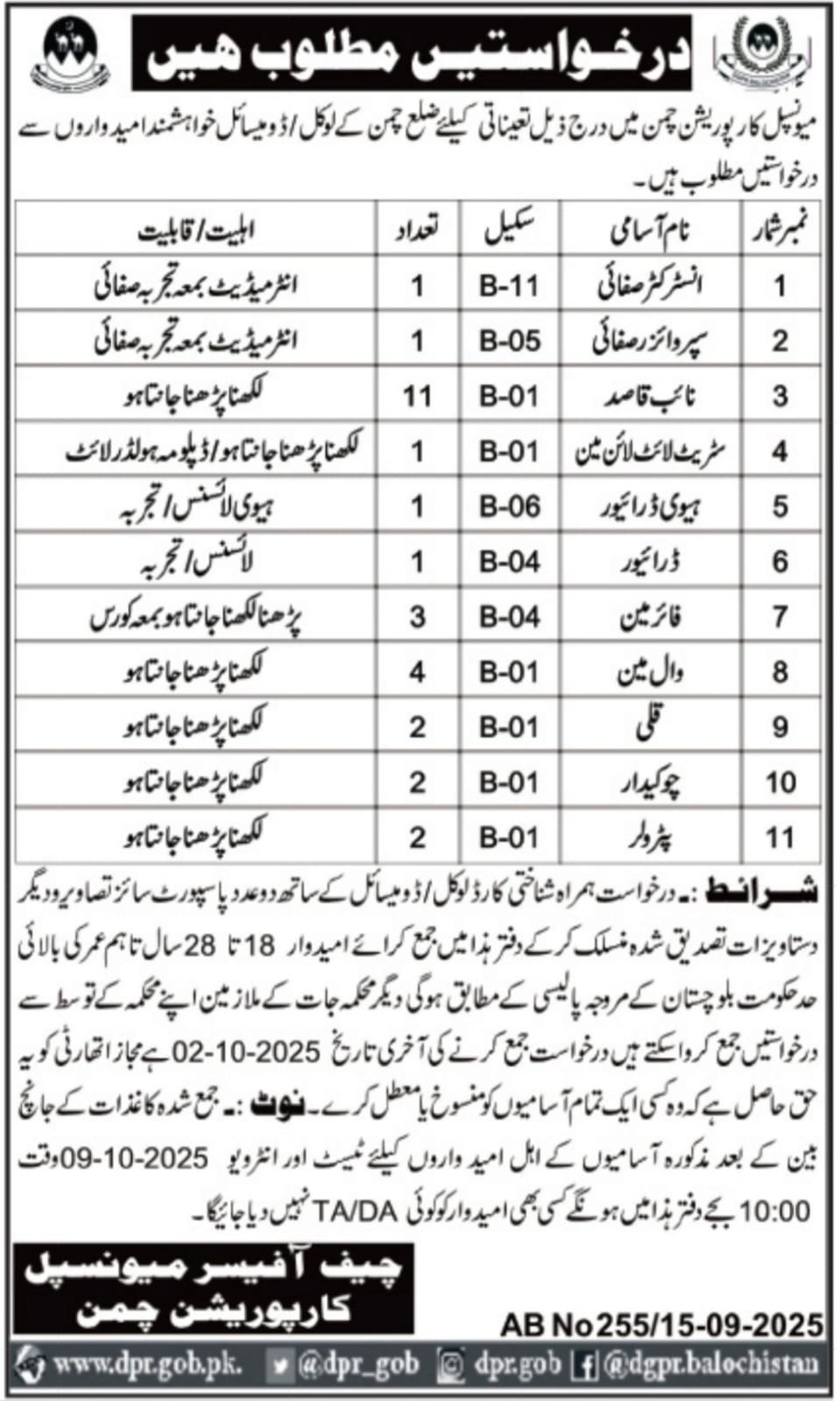Muncipal Corporation Mc Chaman Jobs 2025 – Municipal Corporation MC Jobs 2025 — original advertisement