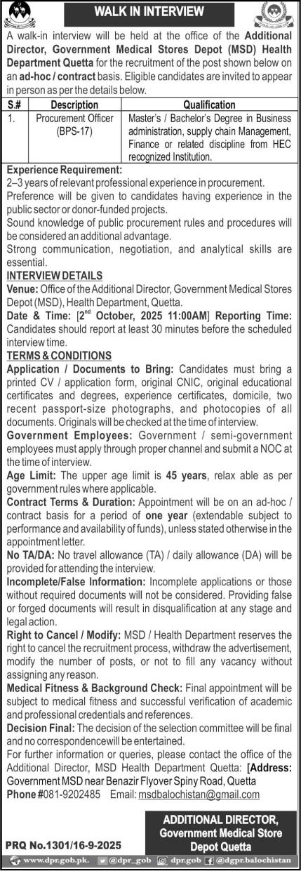 Government Medical Stores Depot MSD Balochistan Jobs 2025 – Health Department Balochsitan Jobs 2025 — original advertisement