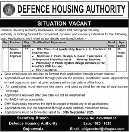 Defence Housing Authority DHA Gujranwala Job 2025 Jobs 2025 — original advertisement