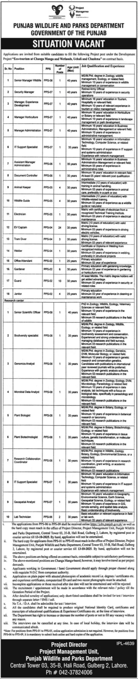 Punjab Wildlife & Parks Department Lahore Jobs 2025 – Forest Wildlife & Fishries Department Punjab Jobs 2025 — original advertisement