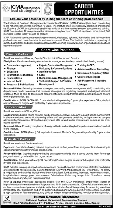 Institute Of Cost & Management Accountants Of Pakistan Jobs – Federal Government Organization Jobs 2025 — original advertisement