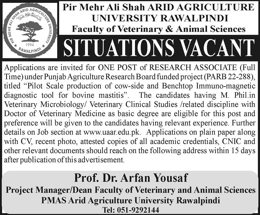 Pir Mehr Ali Shah Arid Agriculture University UAAR Job 2025 – Pir Mehr Ali Shah Arid Agriculture University Rawalpinid Jobs 2025 — original advertisement