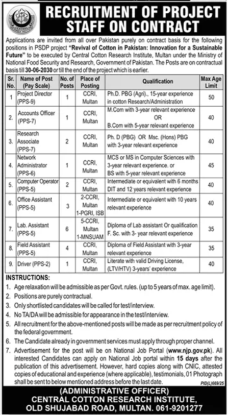 Cotton Research Institute Multan Jobs 2025 – Central Cotton Research Institute Multan Jobs 2025 — original advertisement