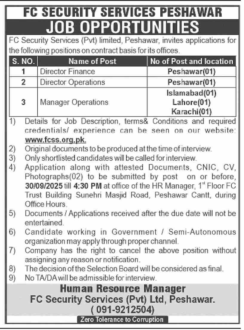 FC Security Services Pvt Ltd Peshawar Jobs 2025 – Private Company Jobs 2025 — original advertisement