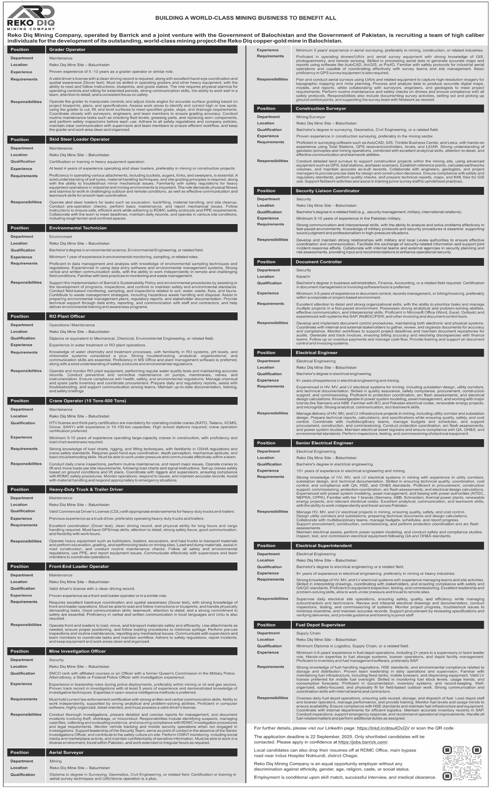 Reko Diq Mining Company RDMC Quetta Jobs 2025 – Barrick Pakistan Jobs 2025 — original advertisement