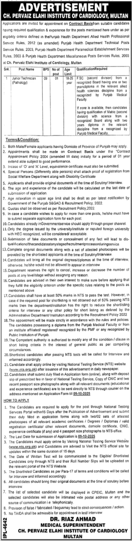 Ch Pervaiz Elahi Institute Of Cardiology Multan Jobs 2025 – Chaudhry Pervaiz Elahi Institute of Cardiology Multan Jobs 2025 — original advertisement