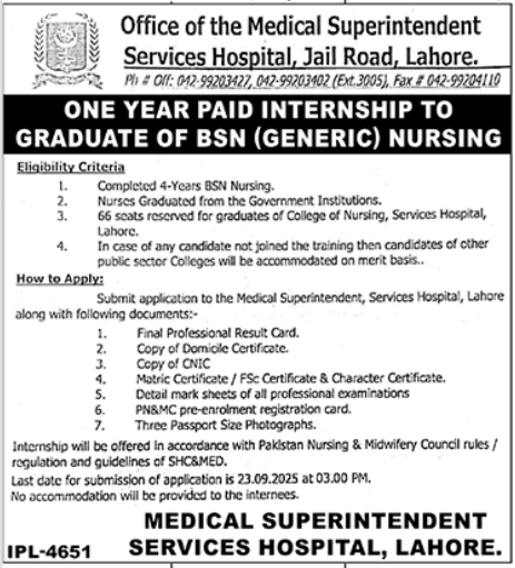 Services Hospital Lahore Paid Internship BSN Generic Nursing – Service Institute of Medical Sciences Services Hospital Lahore Jobs 2025 — original advertisement