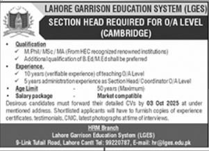 Lahore Garrison Education System LGES Jobs For Section Head – Lahore Garrison University Jobs 2025 — original advertisement