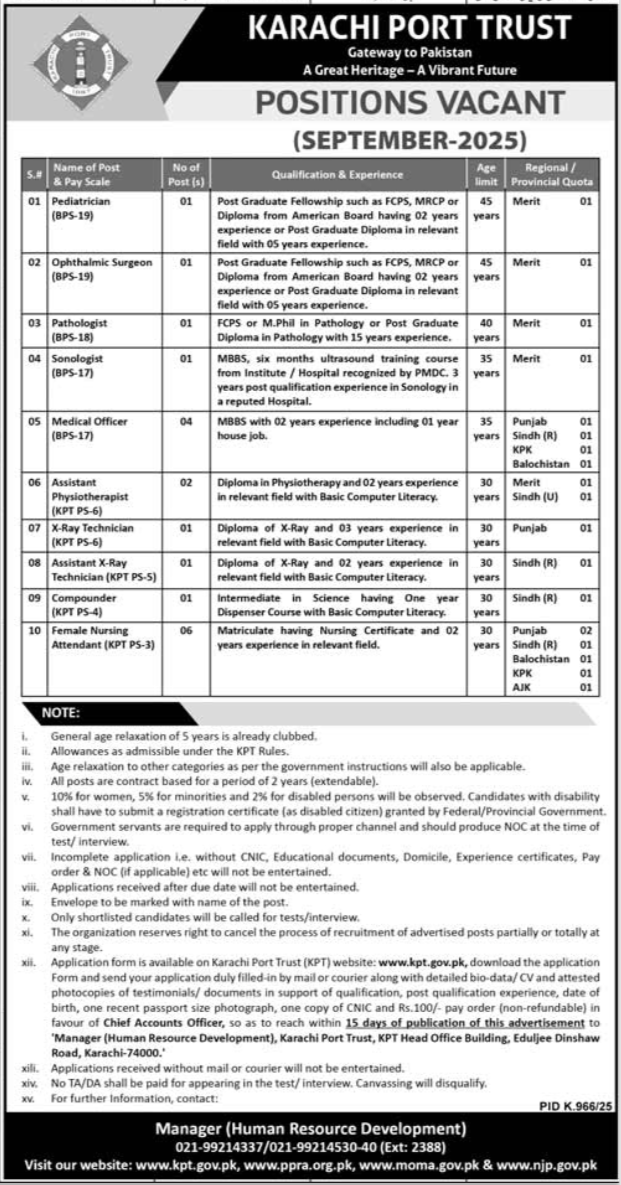 KPT Karachi Port Trust Jobs 2025 Pathologist & Sonologist – Karachi Port Trust KPT Jobs 2025 — original advertisement