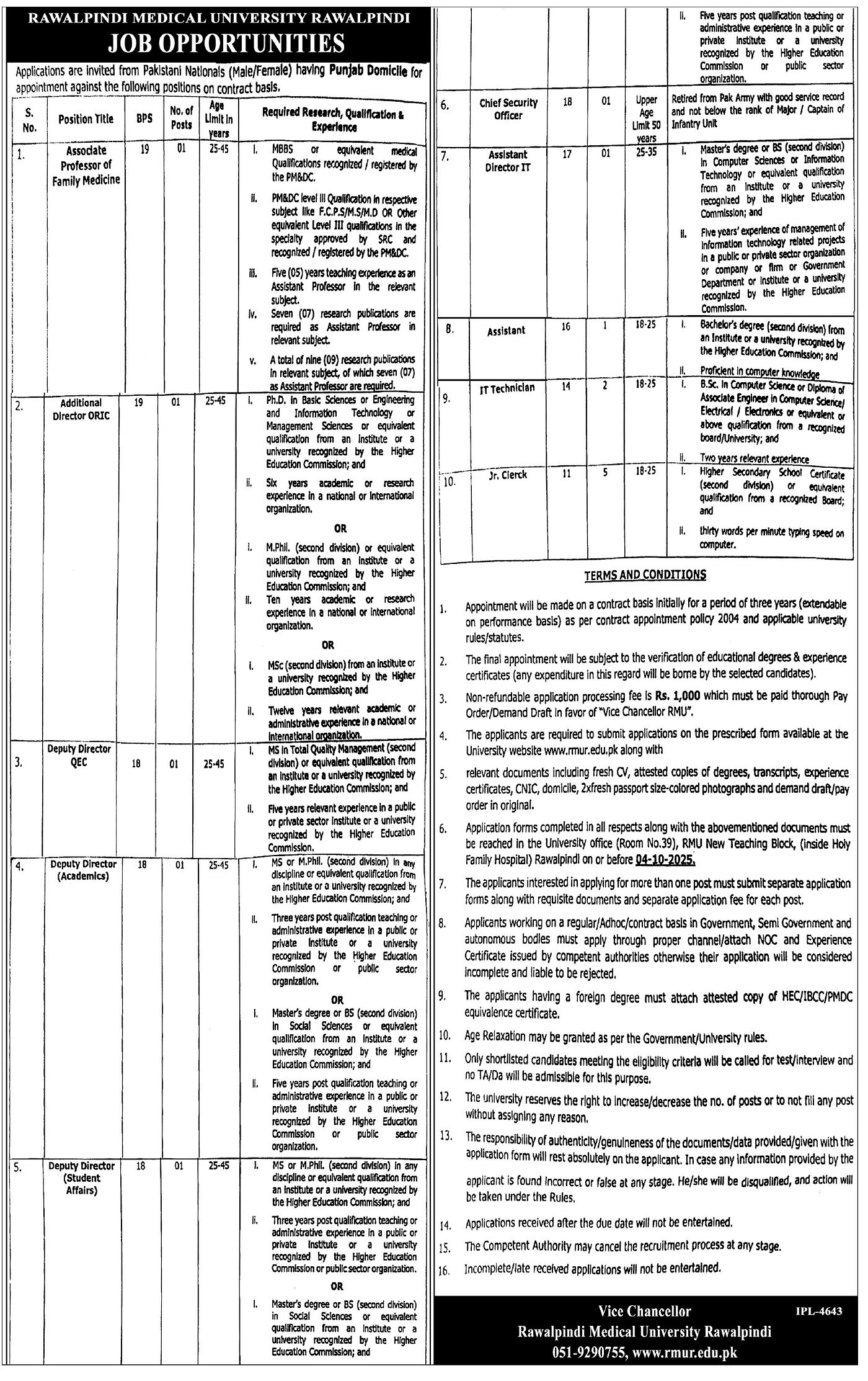 Rawalpindi Medical University RMU Rawalpindi Jobs 2025 – Rawalpindi Medical University Punajb Jobs 2025 — original advertisement