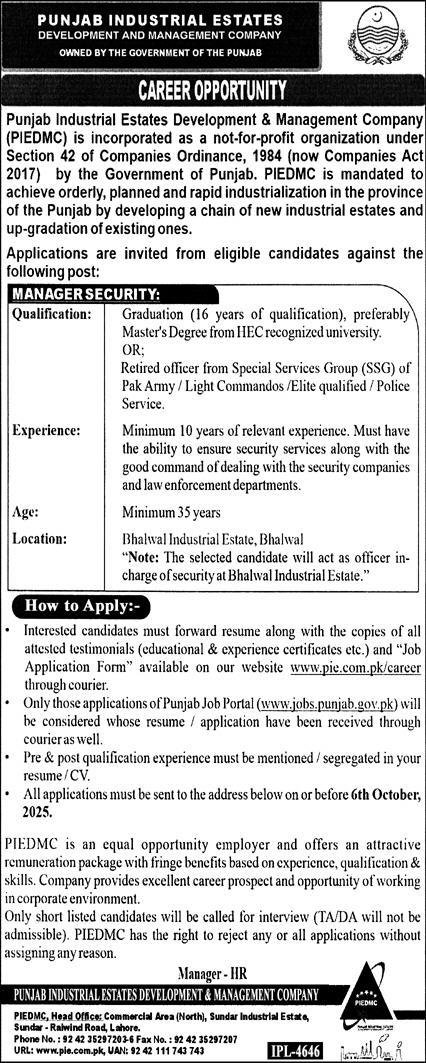 Punjab Industrial Estates Development PIEDMC Jobs 2025 – Punjab Industrial Estates Development & Management Company Jobs 2025 — original advertisement