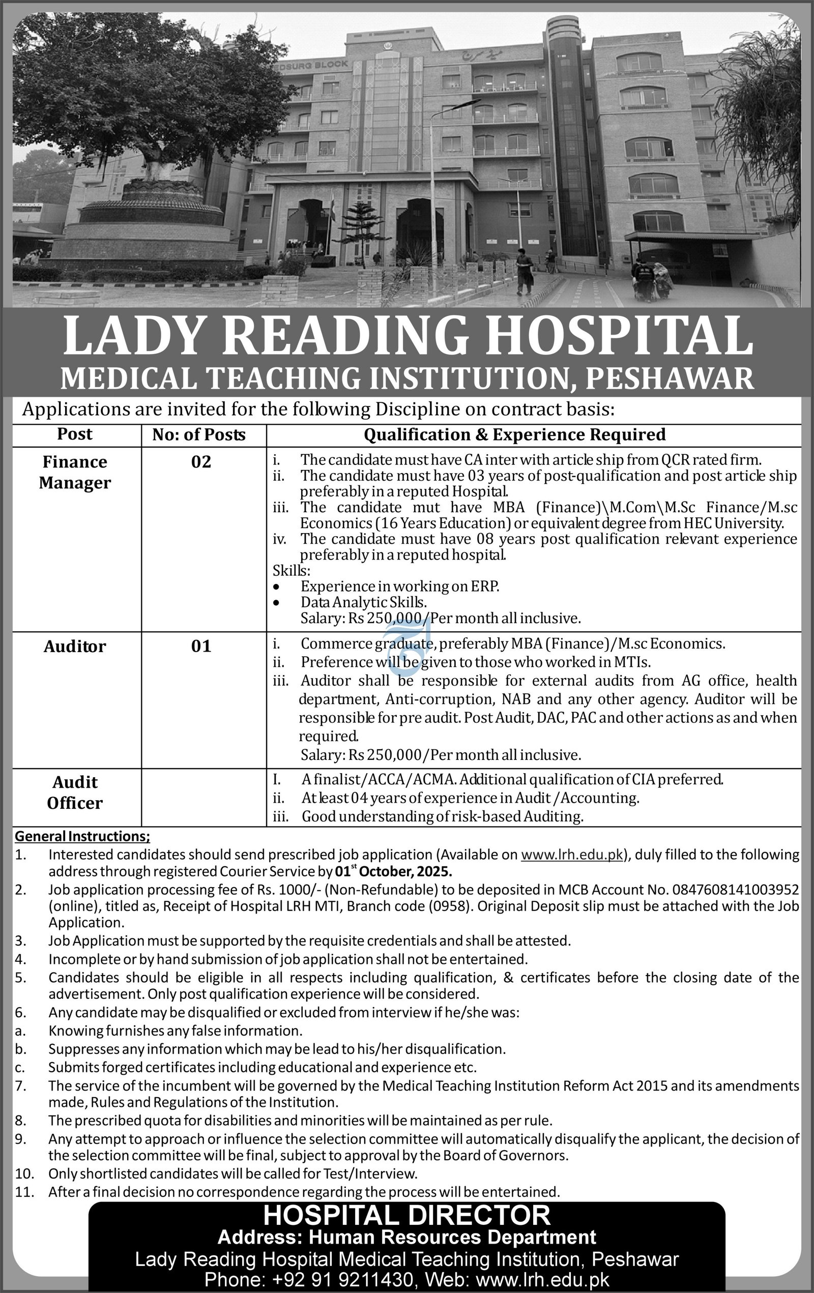 Lady Reading Hospital LRH MTI Peshawar Jobs 2025 – Lady Reading Hospital Peshawar Jobs 2025 — original advertisement
