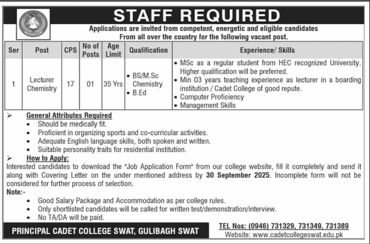 Cadet College Swat Job 2025 Jobs 2025 — original advertisement