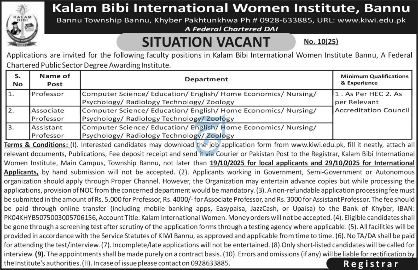 Kalam Bibi International Women Institute Bannu Jobs 2025 – The Kalam Bibi International Women Institute Bannu Jobs 2025 — original advertisement