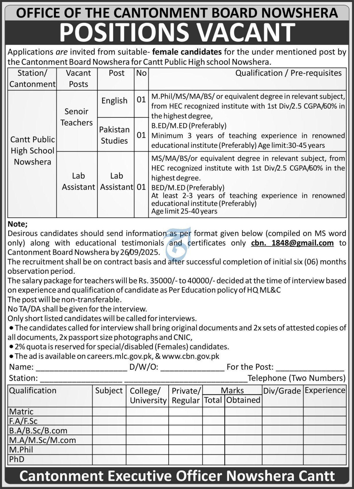 Cantonment Board Nowshera Cantt Jobs 2025 Jobs 2025 — original advertisement