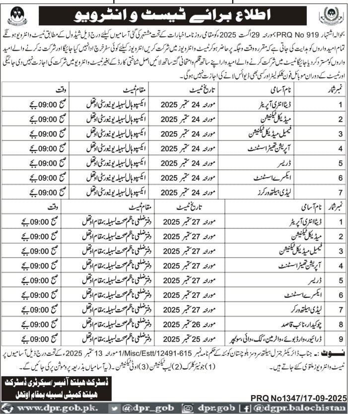 District Health Officer Secretary District Interview 2025 – Health Department Balochsitan Jobs 2025 — original advertisement