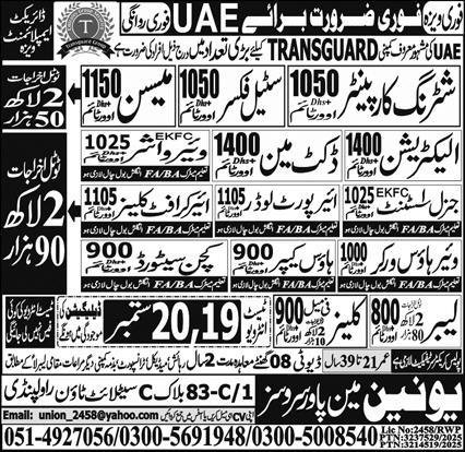 Shutring Carpanter And Ducket Man Jobs in Uae 2025 – Union Manpower Services Jobs 2025 — original advertisement