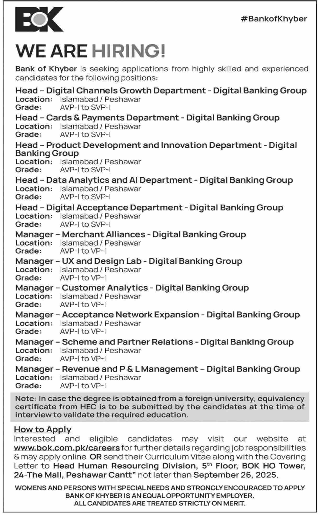 Bank Of Khyber BOK Jobs 2025 For Manager & Head Jobs 2025 — original advertisement