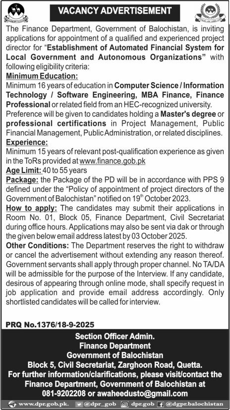 Finance Department Quetta Job 2025 – Finance Department Balochistan Jobs 2025 — original advertisement