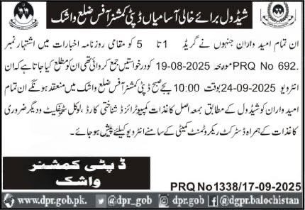 Deputy Commissioner Revenue Department Washuk Interview 2025 – Revenue Department Balochistan Jobs 2025 — original advertisement