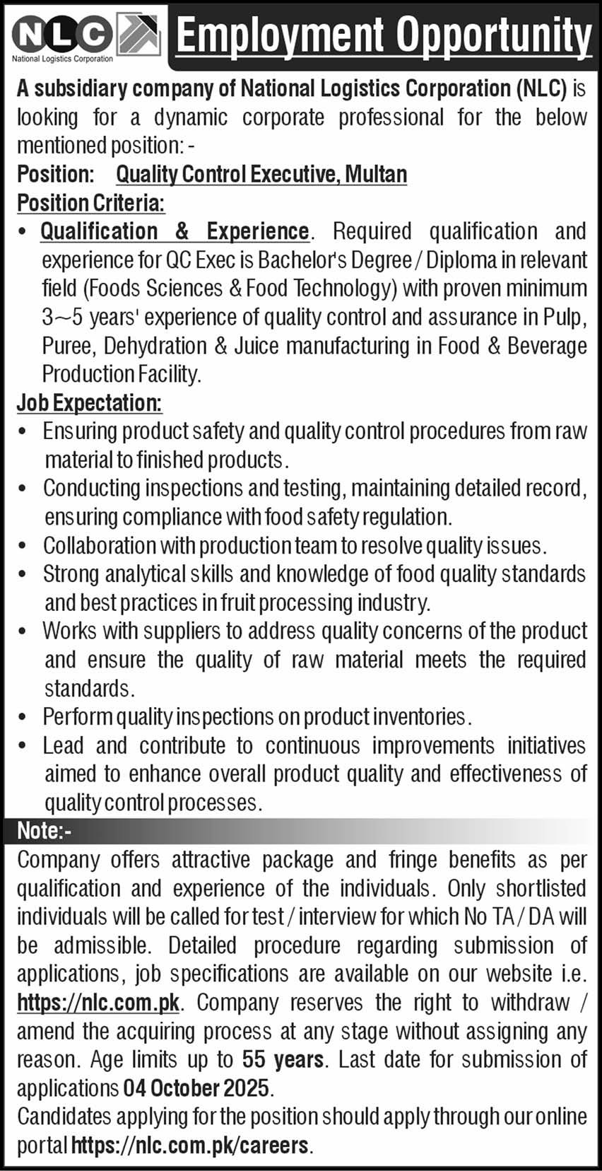 National Logistics Corporation NLC Multan Job 2025 – National Logistic Cell Rawalpindi Jobs 2025 — original advertisement