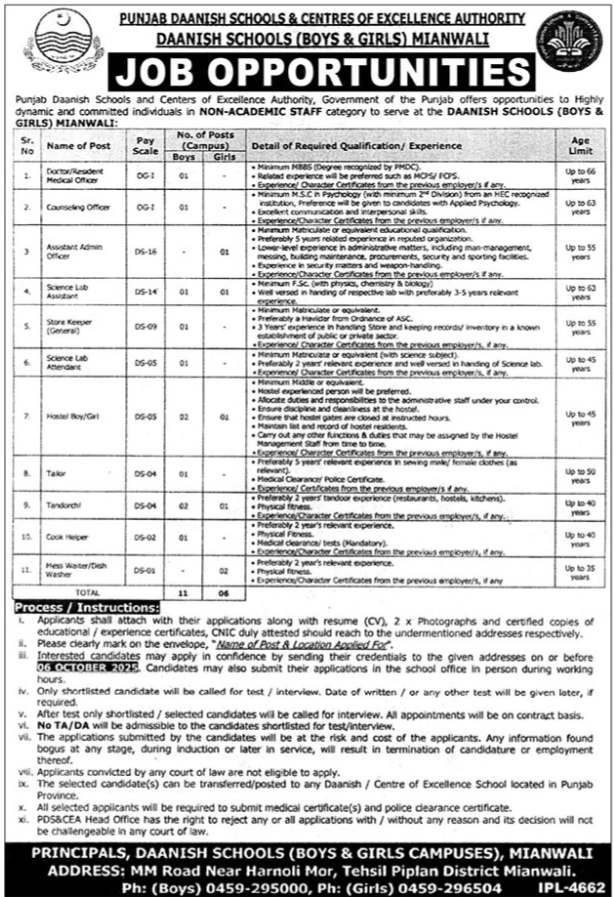 Punjab Daanish School Boys & Girls Mianwali Jobs 2025 Jobs 2025 — original advertisement