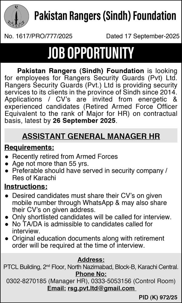 Pakistan Rangers Sindh Foundation Karachi Job 2025 – Punjab Rangers Jobs 2025 — original advertisement