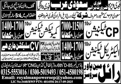 CP Technician & Communication Technician Jobs 2025 – Royal Trade Test & Training Center Human Resource Jobs 2025 — original advertisement