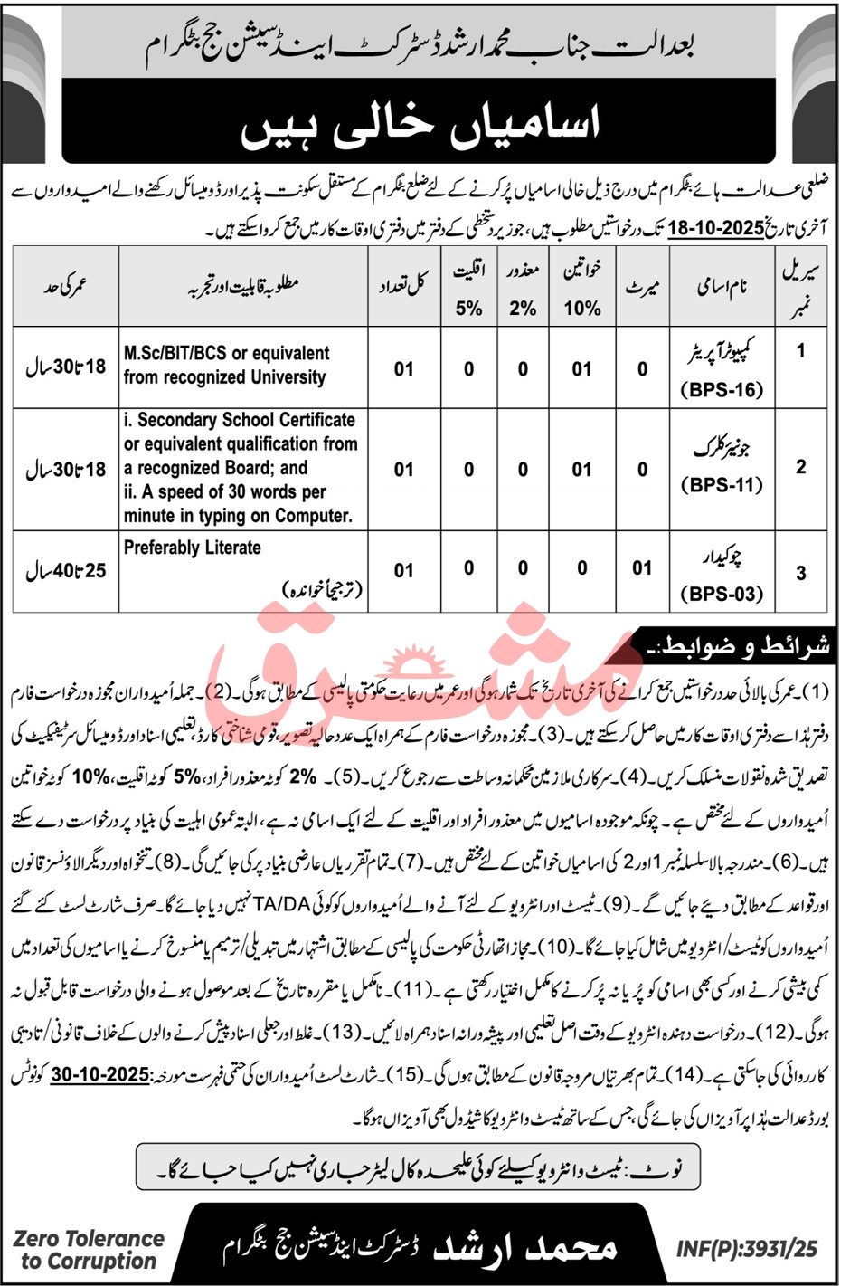 District Court Battagram Khyber Pakhtunkhwa Jobs 2025 – District Court District Orakzai Kpk Jobs 2025 — original advertisement