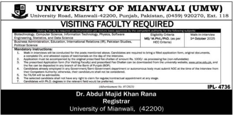 Visiting Faculty Jobs Interviews At University Of Mianwali Jobs 2025 — original advertisement