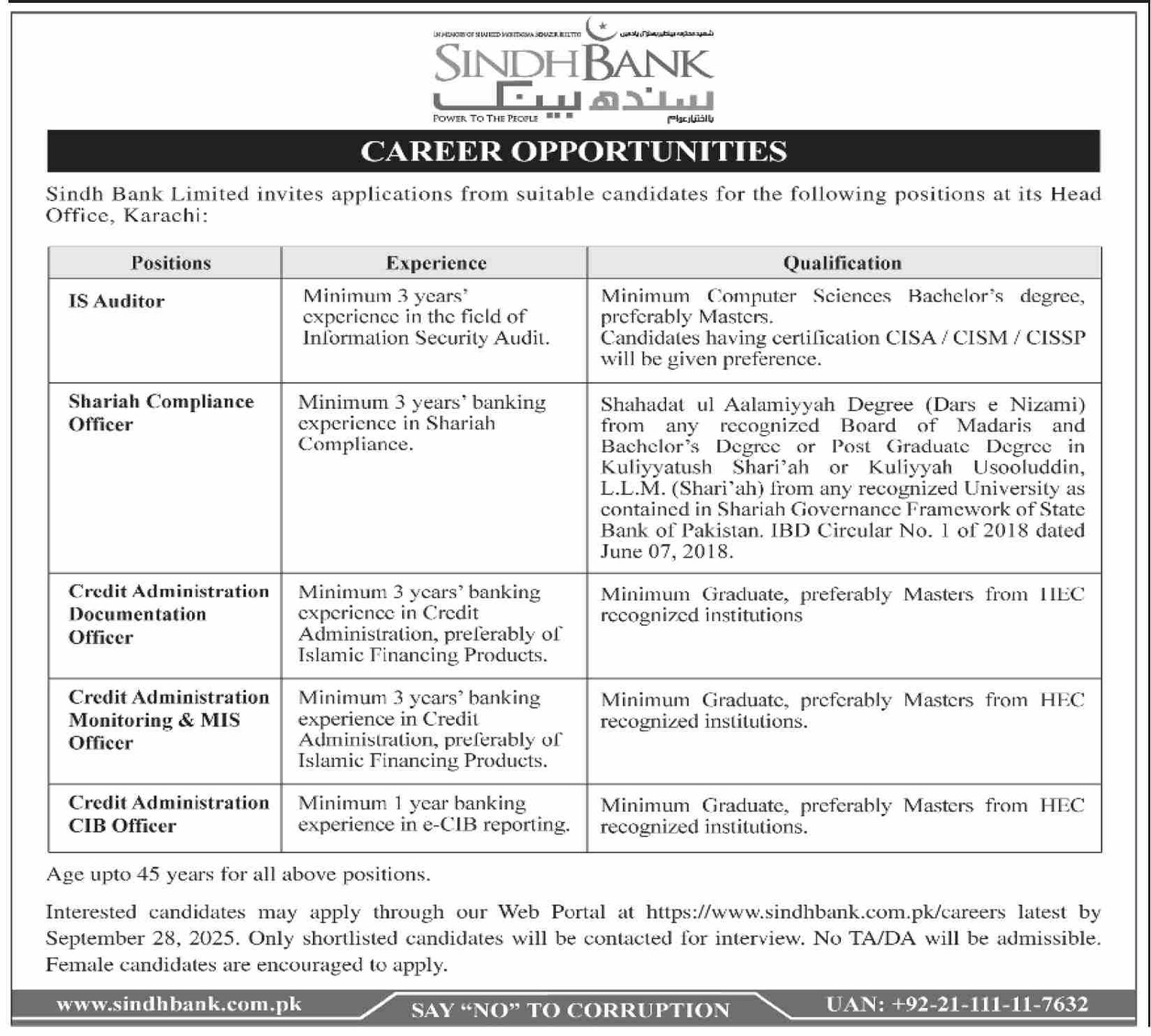 Sindh Bank Limited Karachi Jobs 2025 Jobs 2025 — original advertisement