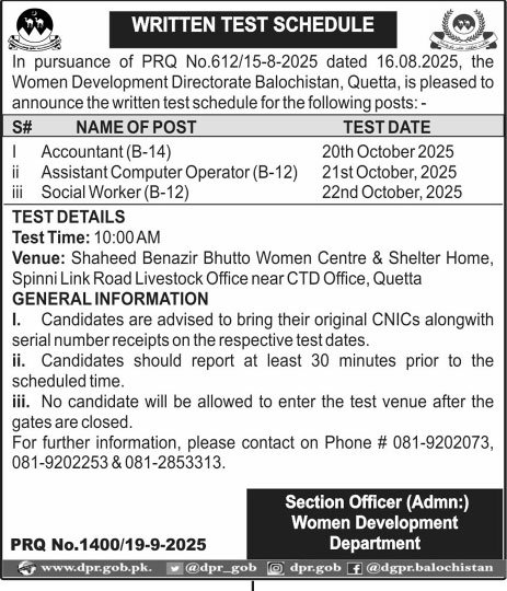 Written Test For Jobs At Women Development Department – Women Development Department Balochistan Jobs 2025 — original advertisement