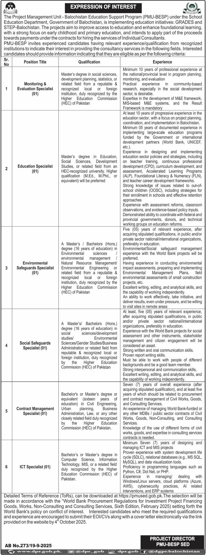 Project Management Unit PMU Balochistan Jobs 2025 – Balochistan Human Capital Investment Project BHCIP Jobs 2025 — original advertisement