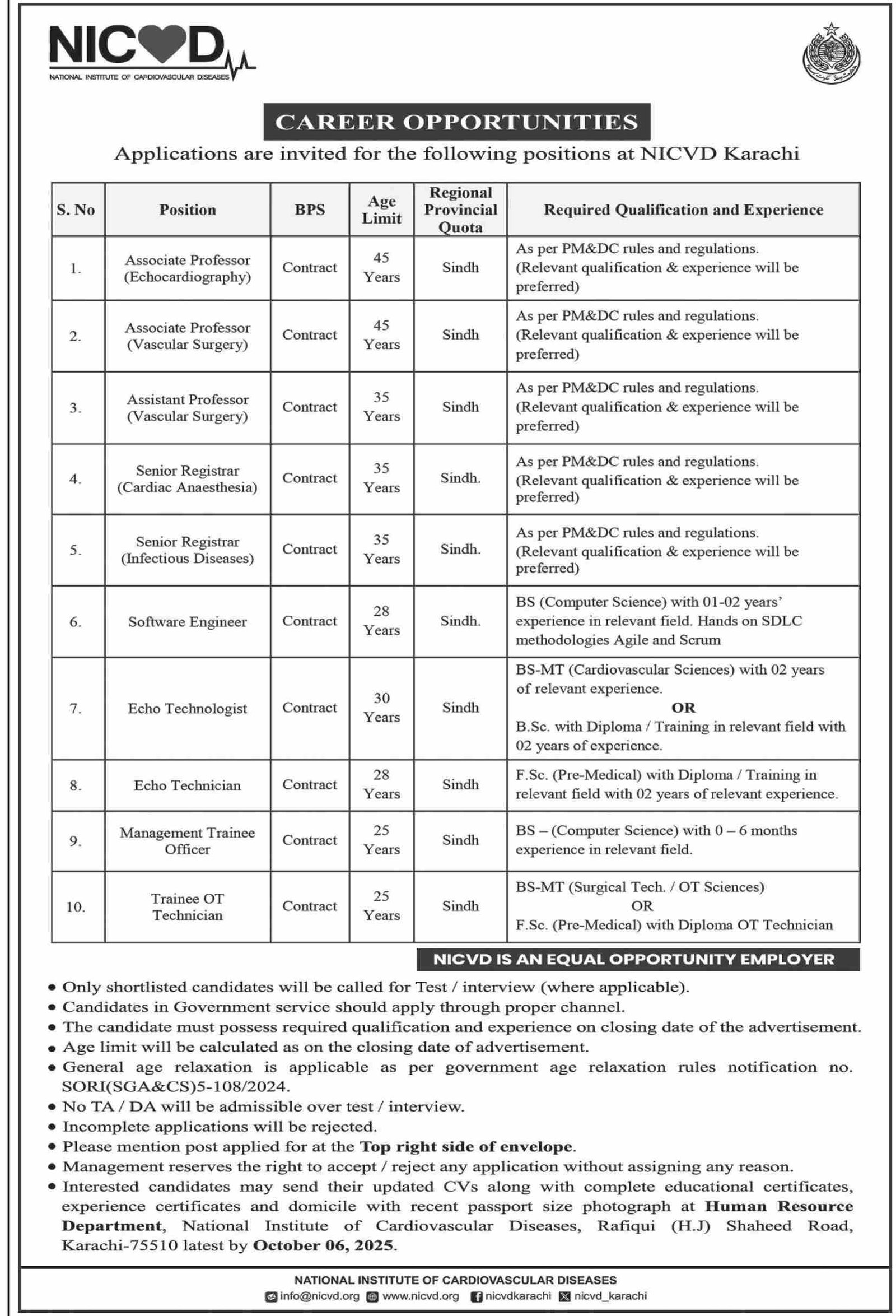 National Institute Of Cardiovascular Diseases NICVD Jobs – National Institute of Cardiovascular Diseases (NICVD) Sindh Karachi Jobs 2025 — original advertisement