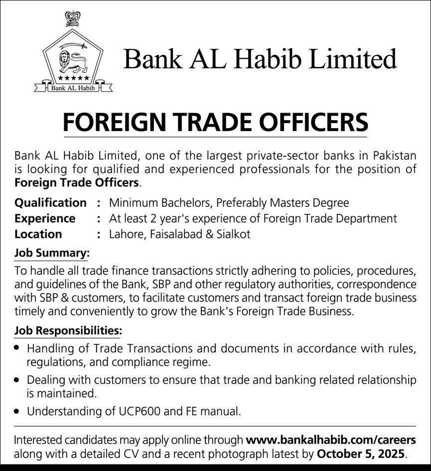 Bank Al Habib Limited Punjab Jobs 2025 – Bank AL Habib Limited (BAHL Jobs 2025 — original advertisement