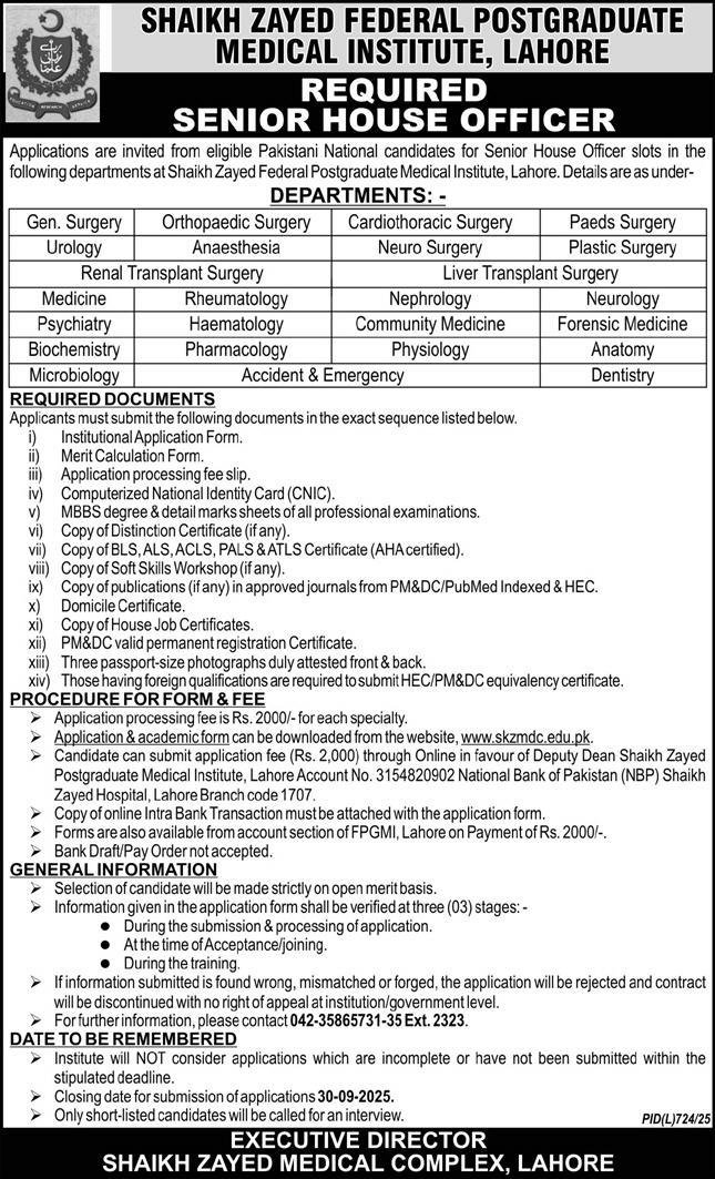 Shaikh Zayed Postgraduate Institute Lahore Jobs 2025 – Sheikh Zayed Medical College Hospita Rahim Yar Khan Jobs 2025 — original advertisement
