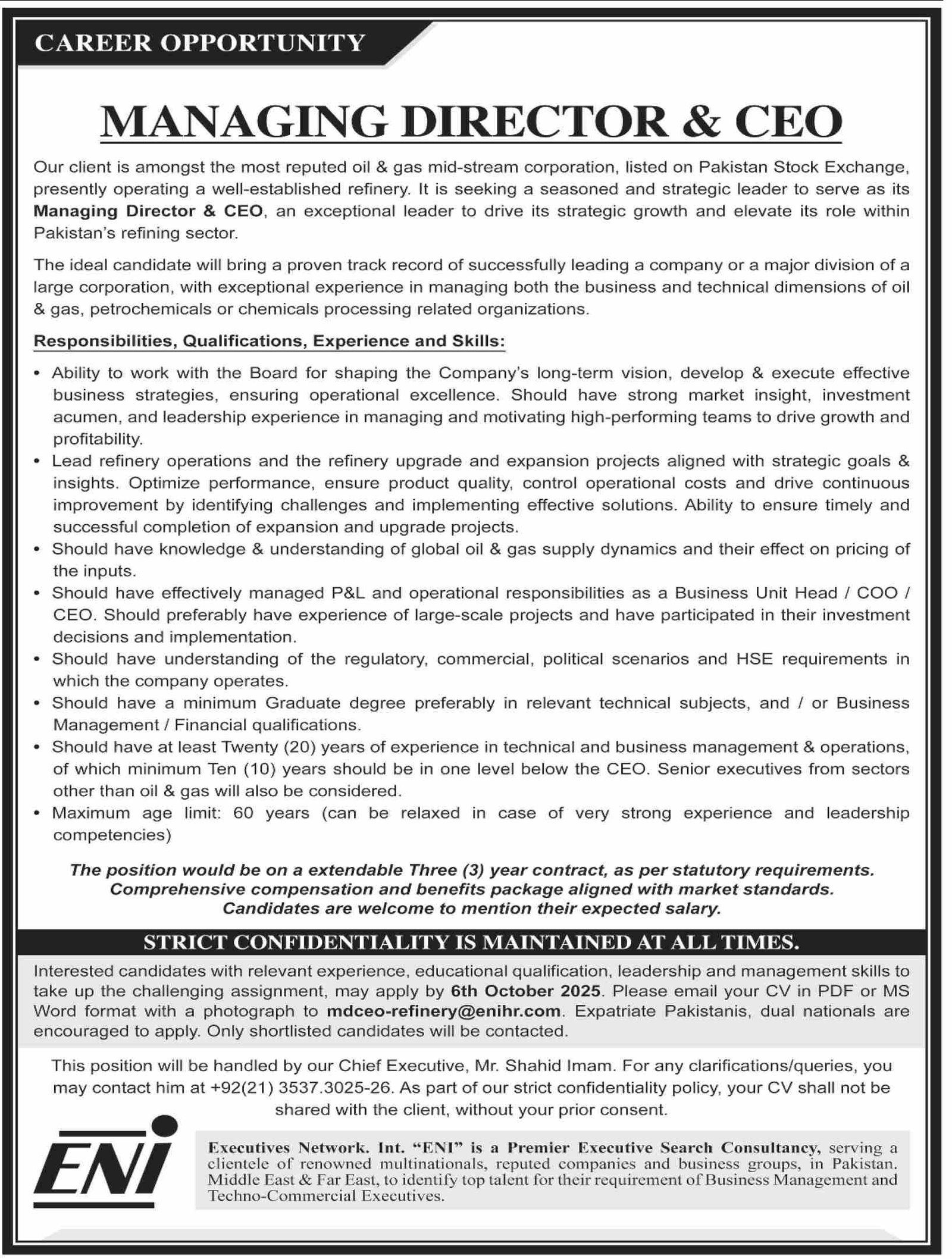 Executive Network International ENI Karachi Jobs 2025 – Public Sector Organization Jobs 2025 — original advertisement